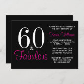 Fabulous 60th Black Pink Birthday Party Kaart (Voorkant / Achterkant)