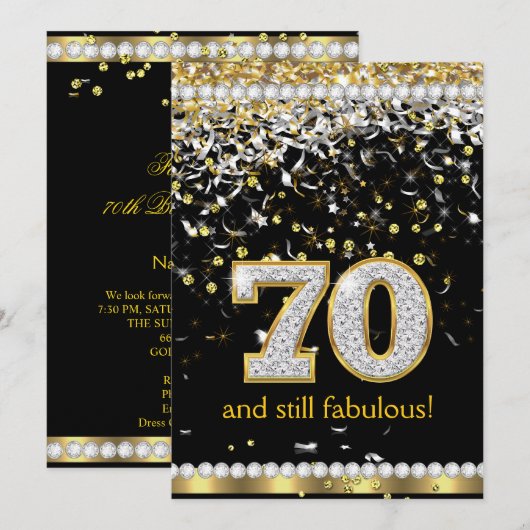 Fabulous 70 Gold Silver Streamers 70th Party Kaart (Voorkant / Achterkant)