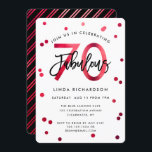 Fabulous 70th | Modern Elegant Red Birthday Party Kaart<br><div class="desc">Viel je geweldige 70ste verjaardag feest met deze moderne,  elegante,  chic party uitnodigingen met penseelhandschrift en glanzend rood/zwart design. De achtergrondkleur kan onder "pas verder aan" worden veranderd. Deel van het "Fabulous 70th" collectie.</div>