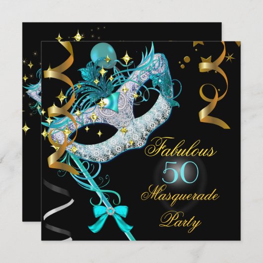 Fabulous Birthday Blauwgroen Gold Black Masquerade Kaart (Voorkant / Achterkant)