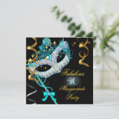 Fabulous Birthday Blauwgroen Gold Black Masquerade Kaart (Staand voorkant)