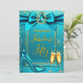Fabulous Birthday Blue Teal Heel Champagne Gold Kaart (Staand voorkant)