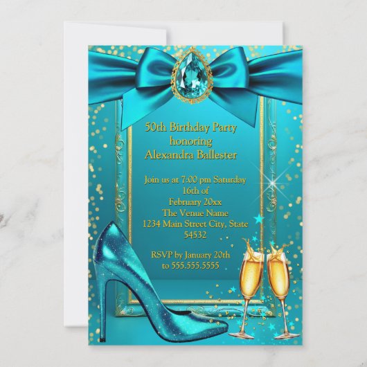 Fabulous Birthday Blue Teal Heel Champagne Gold Kaart (Achterkant)