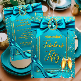 Fabulous Birthday Blue Teal Heel Champagne Gold Kaart