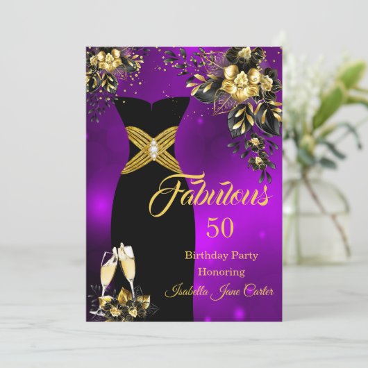 Fabulous Birthday Champagne Paars Gold Floral Kaart (Staand voorkant)