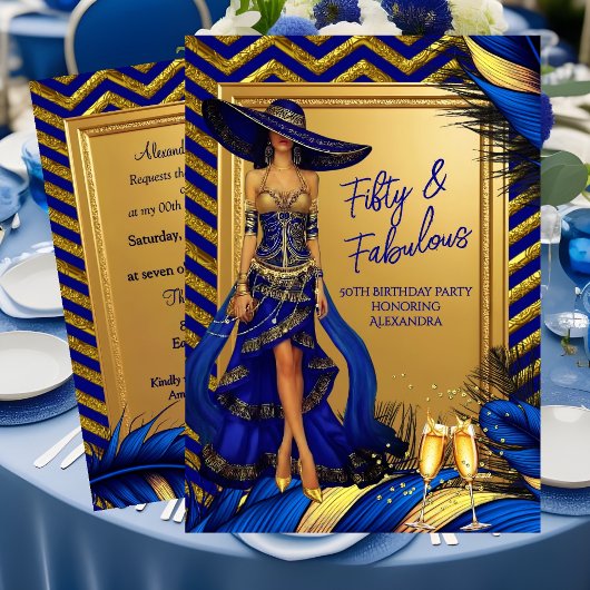 Fabulous Birthday Glamor Woman Blue Gold Feathers Kaart