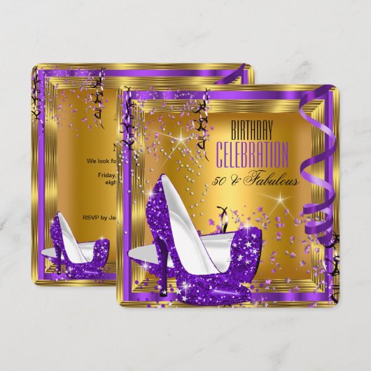 Fabulous Birthday Glitter Paars High Heels Gold 3 Kaart (Voorkant / Achterkant)
