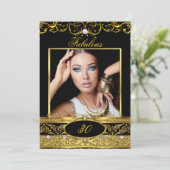 Fabulous Birthday Party Black Gold Floral Foto Kaart (Staand voorkant)