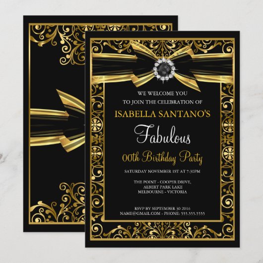 Fabulous Birthday Pearl Gold Lace Bow Black Invite Kaart (Voorkant / Achterkant)