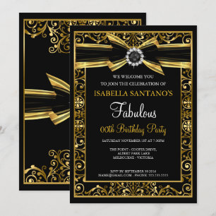 Fabulous Birthday Pearl Gold Lace Bow Black Invite Kaart
