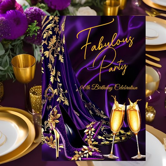 Fabulous Birthday Purple Gold Heels Champagne Kaart