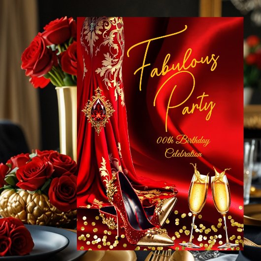 Fabulous Birthday Red Gold Heels Champagne Kaart