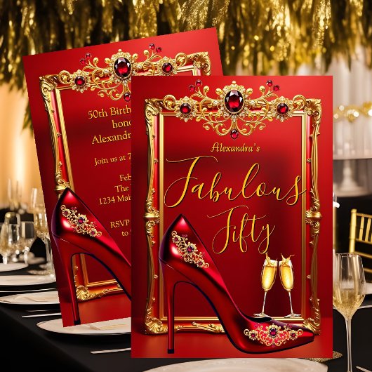 Fabulous Birthday Red Jewels Heel Champagne Gold Kaart