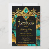 Fabulous Birthday Teal Blue Gold Gems Feathers Kaart (Voorkant)