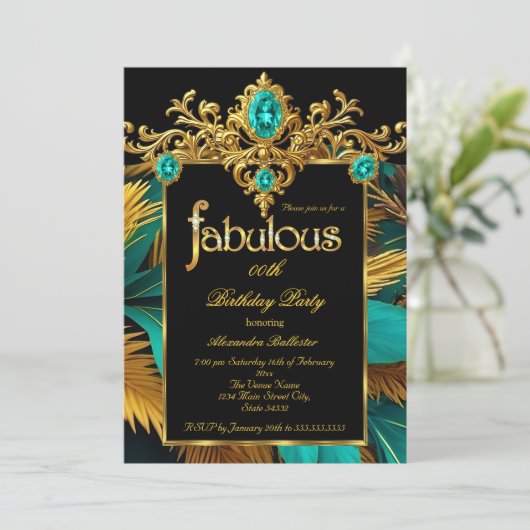 Fabulous Birthday Teal Blue Gold Gems Feathers Kaart (Staand voorkant)