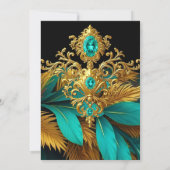 Fabulous Birthday Teal Blue Gold Gems Feathers Kaart (Achterkant)