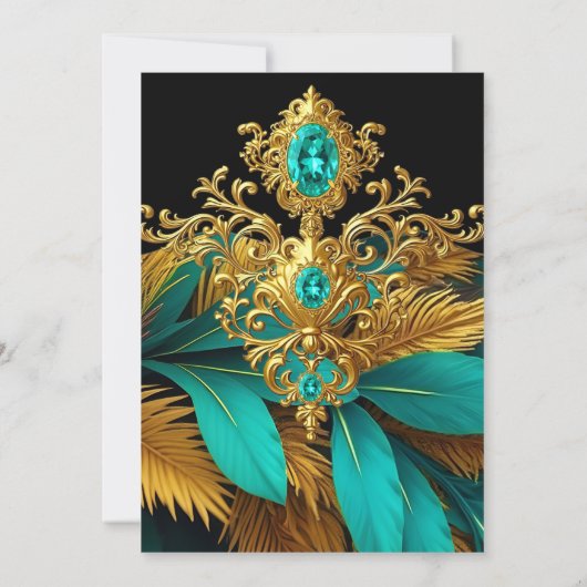 Fabulous Birthday Teal Blue Gold Gems Feathers Kaart (Achterkant)