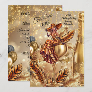 Fabulous Birthday Tiger Gold Dress Champagne Glass Kaart