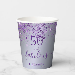 Fabulous birthday zilver paarse glitter monogram papieren bekers