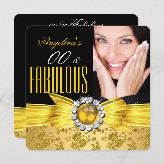 Fabulous Black Yellow Gold Damask Roos Birthday Kaart (Voorkant / Achterkant)