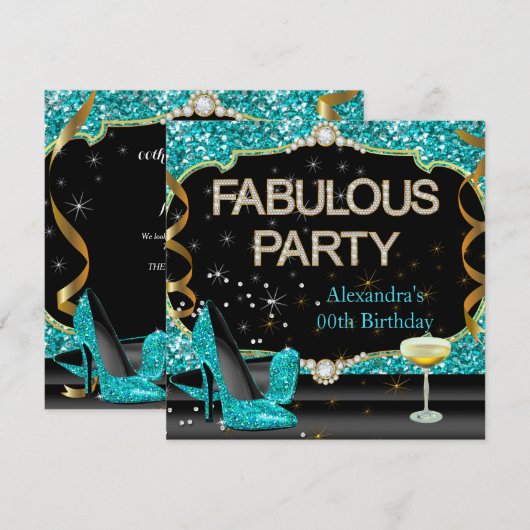Fabulous Blauwgroen Black Glitter Birthday Party Kaart (Voorkant / Achterkant)