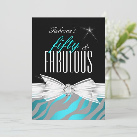Fabulous Blauwgroen Black Grey Zebra 50th Birthday Kaart (Staand voorkant)