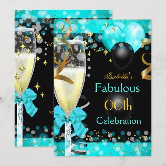 Fabulous Blauwgroen Blue Champagne Birthday Party  Kaart (Voorkant / Achterkant)