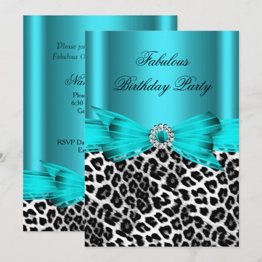 Fabulous Blauwgroen Blue Leopard Birthday Party Kaart (Voorkant / Achterkant)
