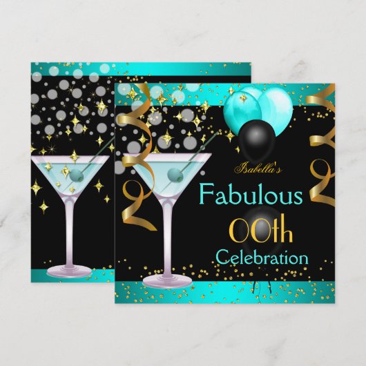 Fabulous Blauwgroen Blue Martini Gold Birthday Par Kaart (Voorkant / Achterkant)