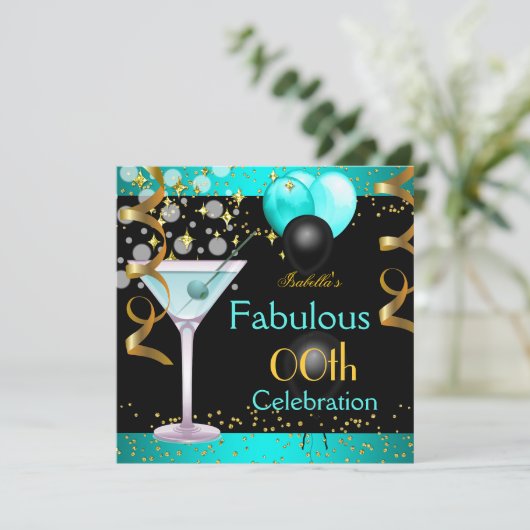 Fabulous Blauwgroen Blue Martini Gold Birthday Par Kaart (Staand voorkant)