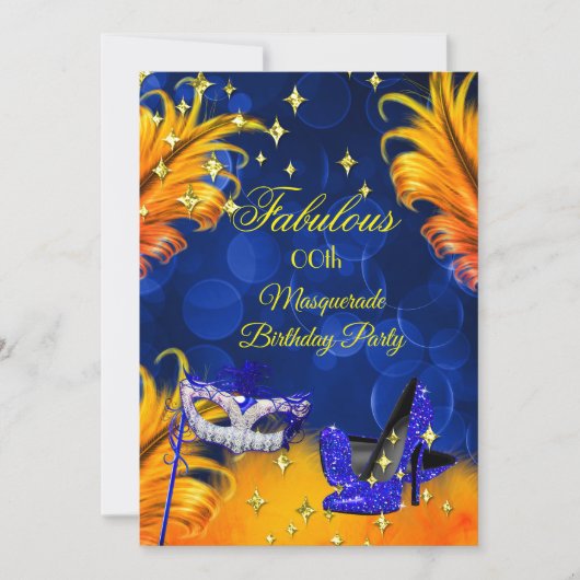 Fabulous Blue Yellow Masquerade Birthday Party Kaart (Voorkant)