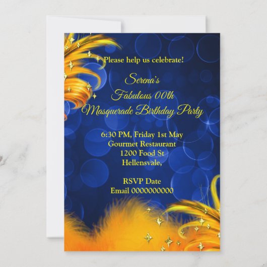 Fabulous Blue Yellow Masquerade Birthday Party Kaart (Achterkant)