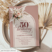Fabulous Boho Dusty Pink Pampas Floral Fifty 50th Kaart