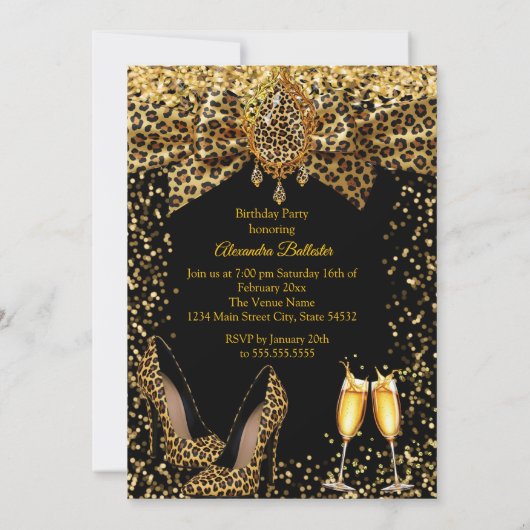 Fabulous Champagne birthday Leopard Gold Heel Gems Kaart (Achterkant)
