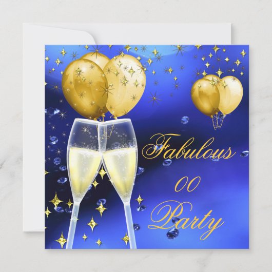 Fabulous Champagne Birthday Party Gold Blue Kaart (Voorkant)