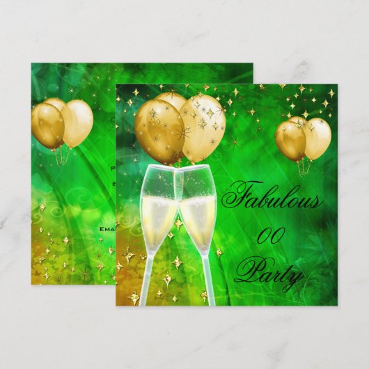 Fabulous Champagne Birthday Party Green Gold Kaart (Voorkant / Achterkant)
