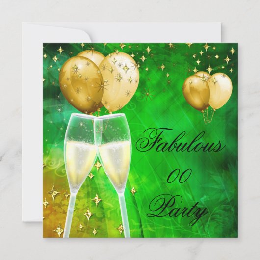 Fabulous Champagne Birthday Party Green Gold Kaart (Voorkant)