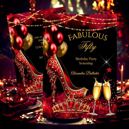 Fabulous Champagne birthday party Red Gold Heel Kaart