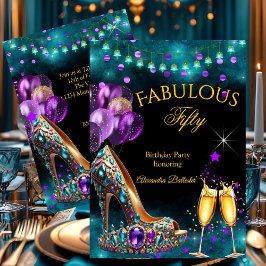 Fabulous Champagne birthday Purple Teal Gold Heel Kaart