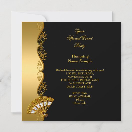 Fabulous Deco Lady 50th Birthday Party Gold Black Kaart (Achterkant)