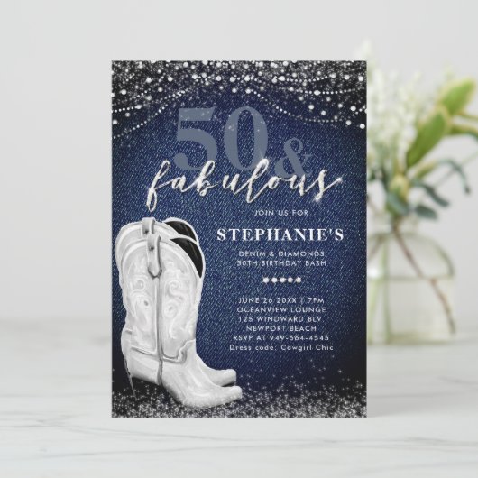 Fabulous Denim Diamonds Boot Country 50th Verjaard Kaart (Staand voorkant)