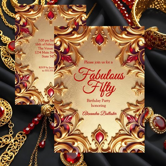 Fabulous Elegant Birthday Party Gold Red Gold Kaart