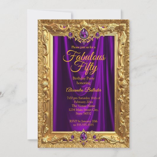 Fabulous Elegant Birthday Party Purple Gold Jewels Kaart (Voorkant)
