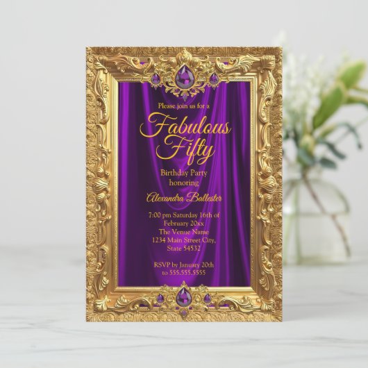 Fabulous Elegant Birthday Party Purple Gold Jewels Kaart (Staand voorkant)