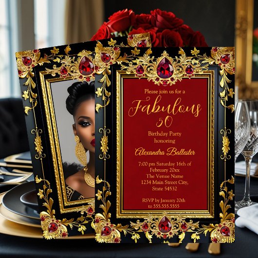 Fabulous Elegant Birthday Photo Red Gold Black Gem Kaart