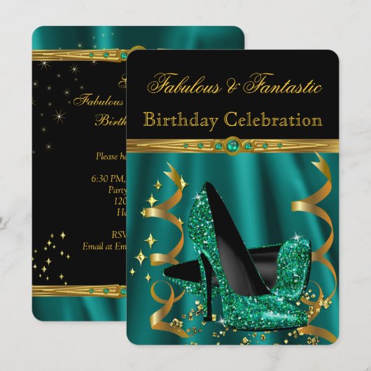 Fabulous Emerald Green Gold Heels Birthday Party Kaart (Voorkant / Achterkant)
