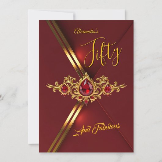 Fabulous Fifty Birthday Party Red Gold Gems Kaart (Voorkant)