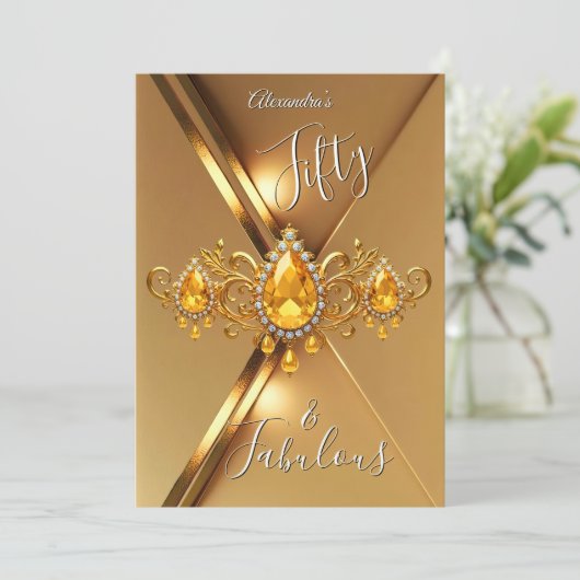Fabulous Fifty Birthday Party Yellow Gold Gems Kaart (Staand voorkant)