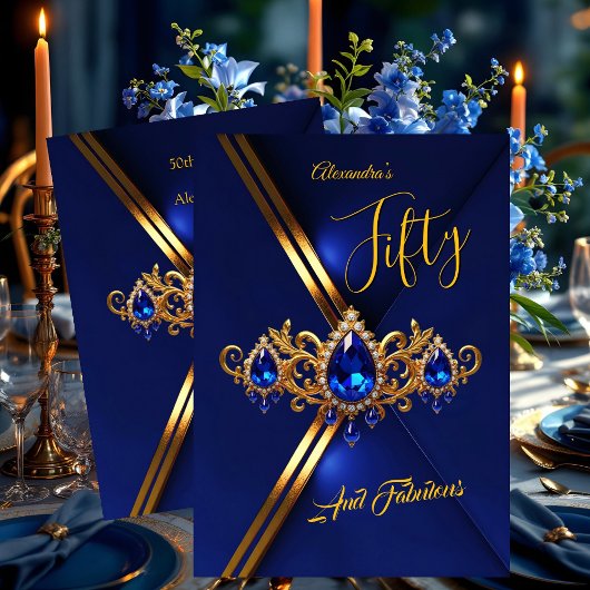 Fabulous Fifty Birthday Royal Blue Gold Gems Kaart