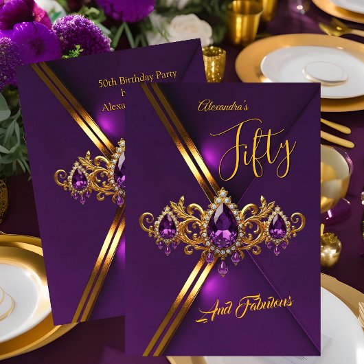 Fabulous Fifty Birthday Royal Purple Gold Gems Kaart